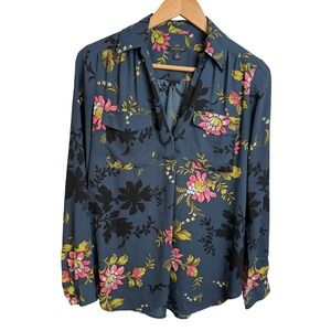 Ann Taylor Dark Floral Blouse XS V-Neck Blue Pink Office Botanical Dark Whimsy